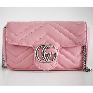 Gucci GG Marmont Super Mini Crossbody Bag/Wallet on Chain/WOC, Pink & Silver HW